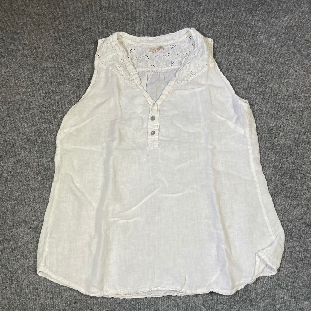 Lina Tomei Sleeveless Top Women Size M White Linen Eyelet Lace Henley